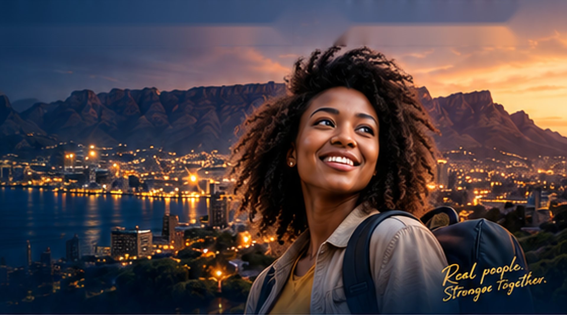 Smiling woman with a backpack overlooking a city at sunset