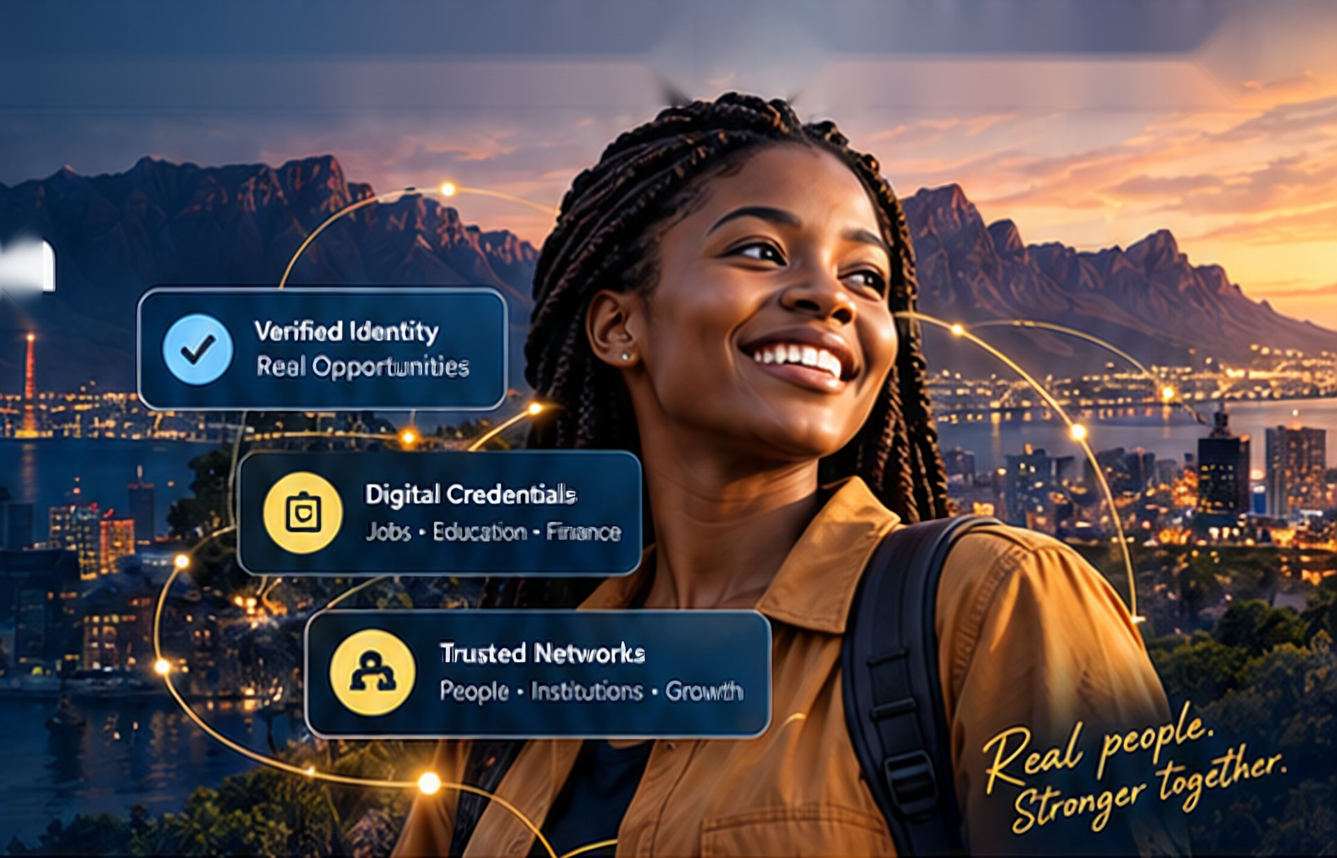 Smiling young woman with a backpack in front of Table Mountain and city lights, with verified identity badges