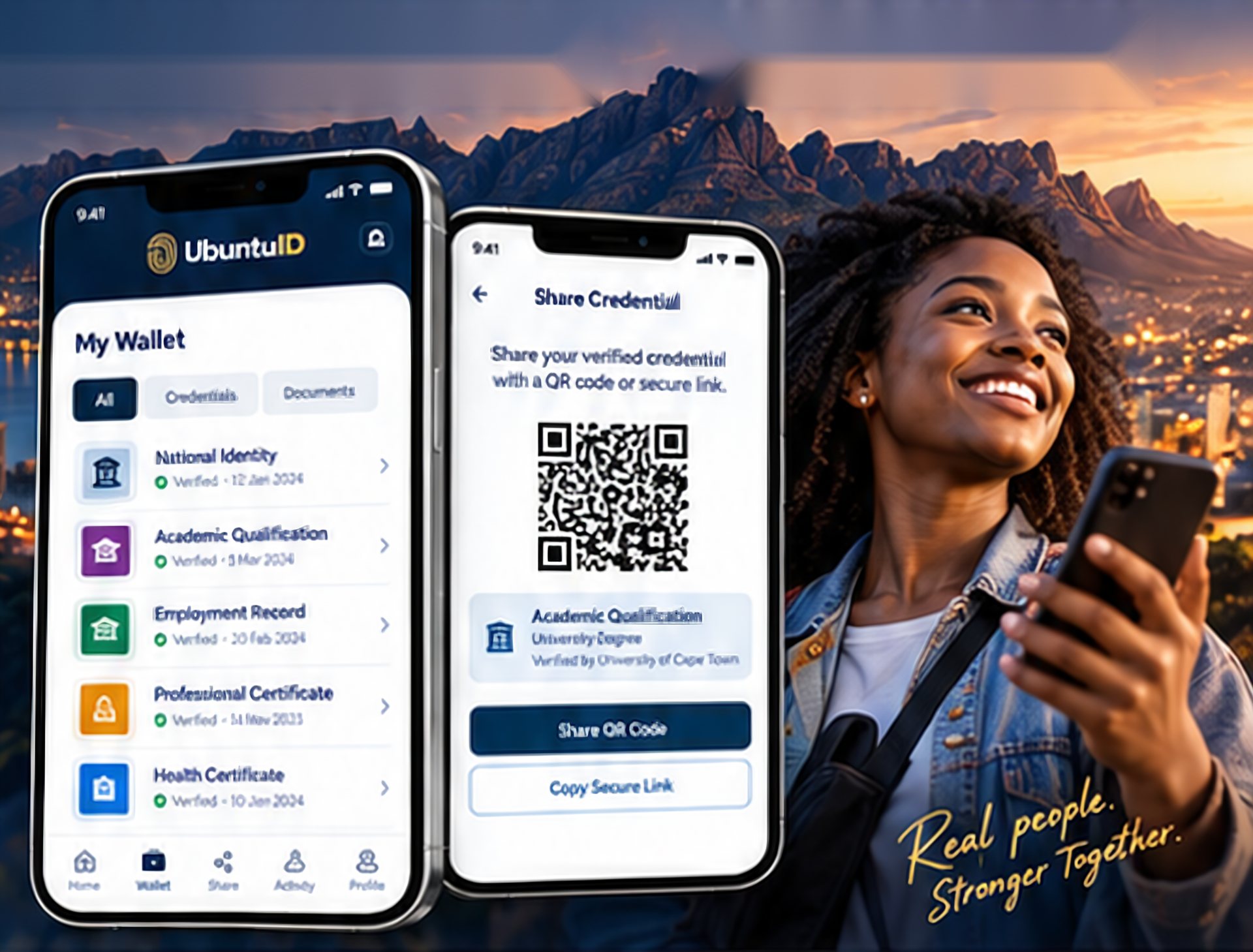 UbuntuID Wallet app screens showing verified credentials and a QR share code